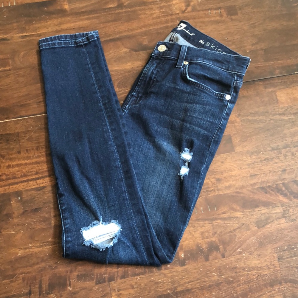 7 For All Mankind Women's The Skinny Jeans Distressed Dark Wash Blue Size 28 / 6